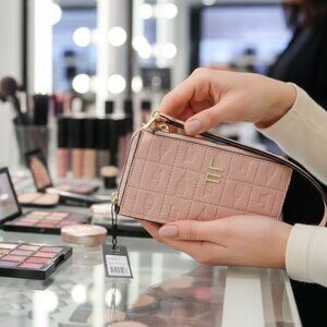 London Fog - Irene - Embossed Logo Double Zip Wristlet Wallet in Salmon